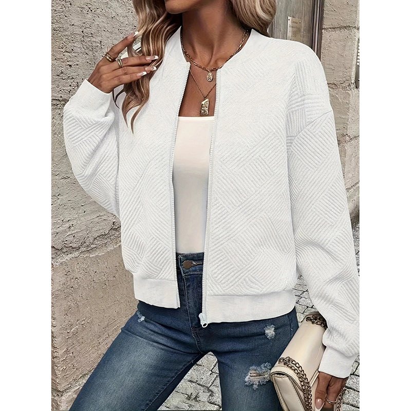 Womens Bomber Jacket Coat Casual Textured Stand Collar Zip Up Fall Fashion Jackets Outfits - Image 2