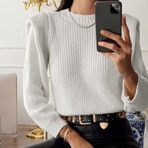 Women's long-sleeved round neck padded wool knit sweater