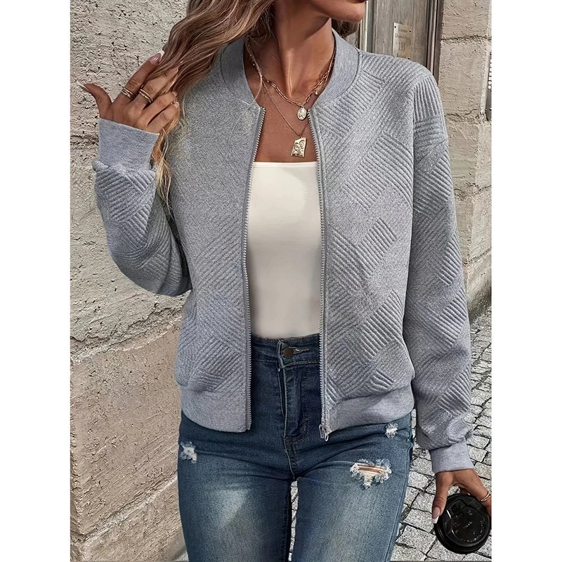 Womens Bomber Jacket Coat Casual Textured Stand Collar Zip Up Fall Fashion Jackets Outfits - Image 9