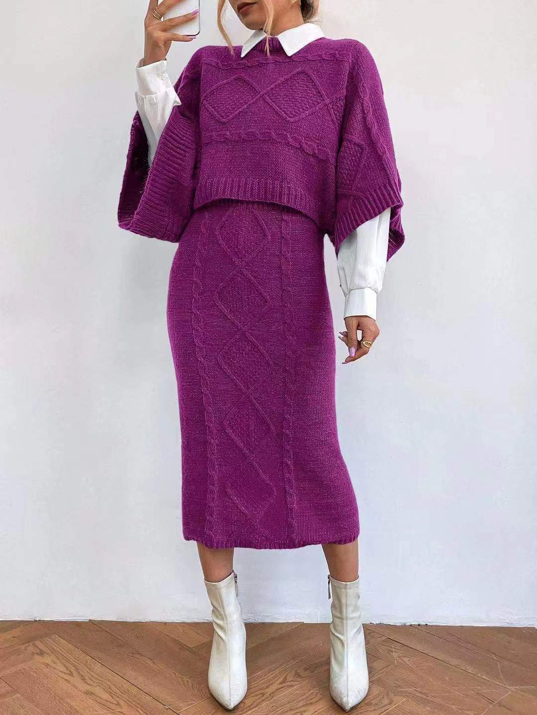 Women's Fashion Cable-knit Sweater Coat Wool Skirt - Image 7