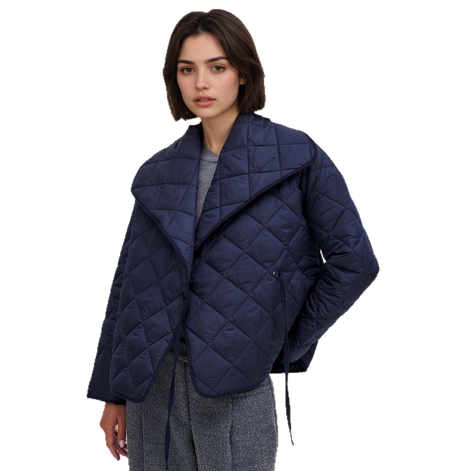 Sapphire Blue With Rhombic Quilted Short Loose Design Cotton-padded Coat - Image 5