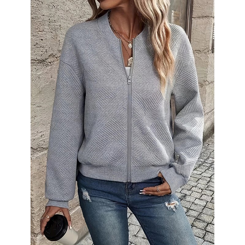 Womens Bomber Jacket Coat Casual Textured Stand Collar Zip Up Fall Fashion Jackets Outfits - Image 10