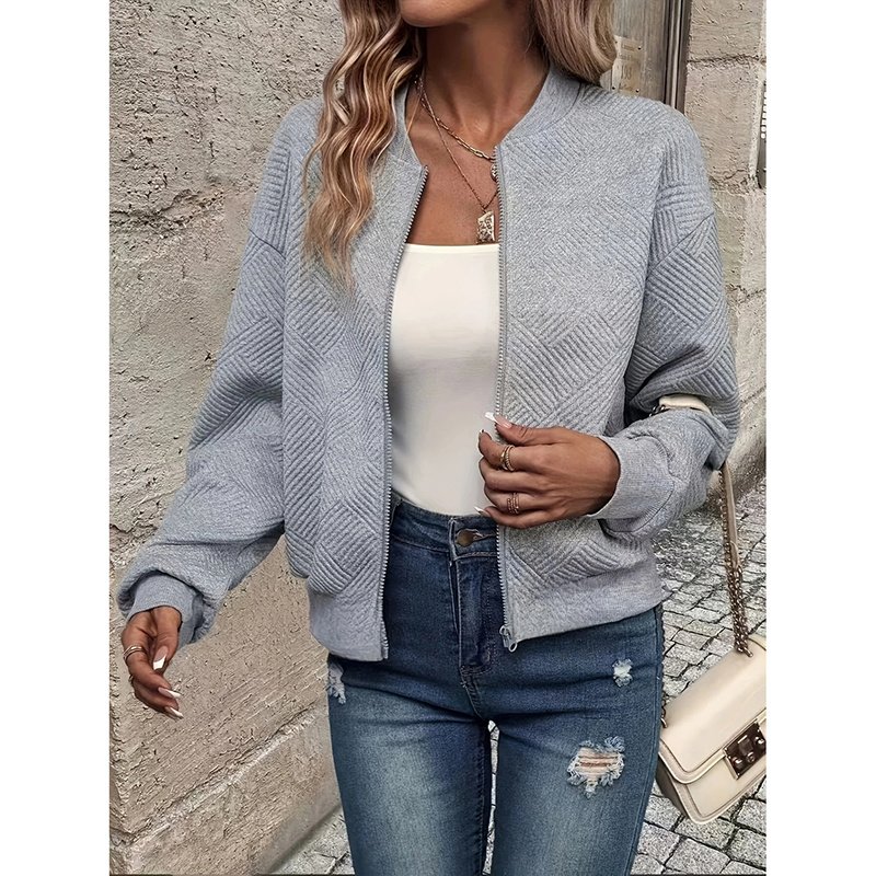 Womens Bomber Jacket Coat Casual Textured Stand Collar Zip Up Fall Fashion Jackets Outfits - Image 7