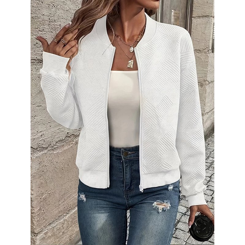 Womens Bomber Jacket Coat Casual Textured Stand Collar Zip Up Fall Fashion Jackets Outfits - Image 3