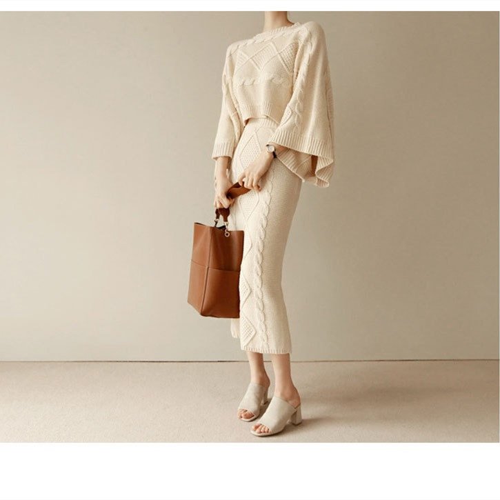 Women's Fashion Cable-knit Sweater Coat Wool Skirt - Image 4